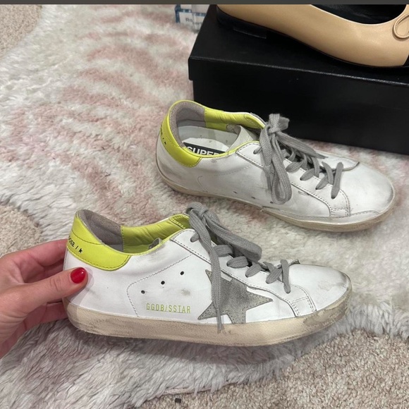 Golden Goose White and Neon Yellow Sneakers